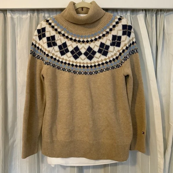 Tommy Hilfiger Fair Isle Argyle Turtleneck Sweater – Tan Blue Cream L - Picture 3 of 9